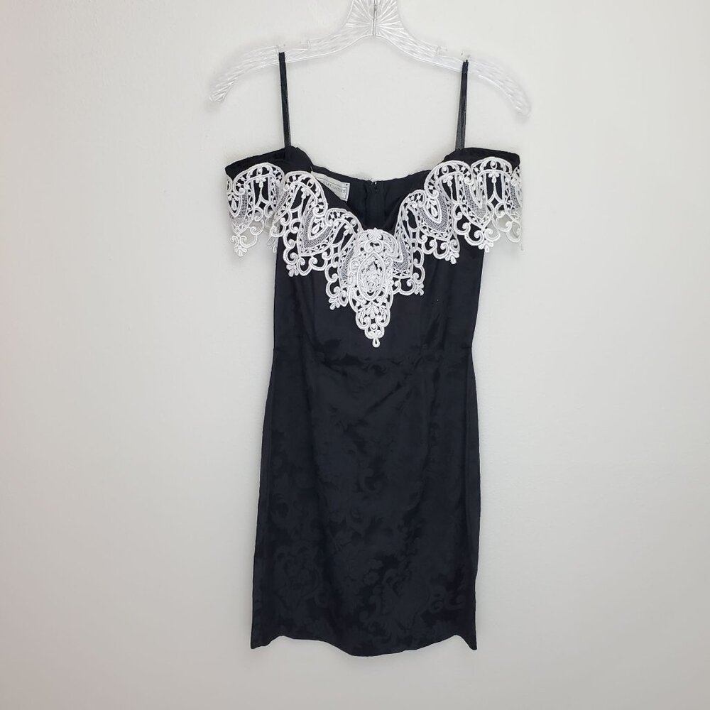Jessica McClintock Gunne Sax lace trimmed off-the-shoulder brocade mini dress